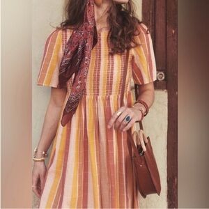 Sezane Magda Mini Dress Cotton Orange Pinstripe Smocked Metallic Sz 36 US S